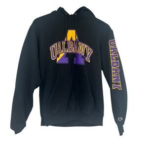 Champion Ualbany black pullover sweatshirt hoodie spell out gold & purple small